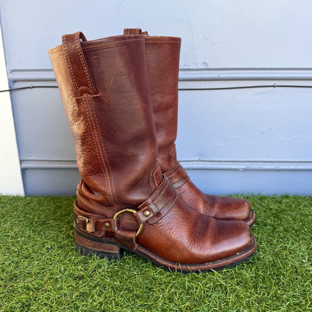Frye Belted Harness Boots Brown Leather Square Toe Made in USA 77250 Women 7.5 M